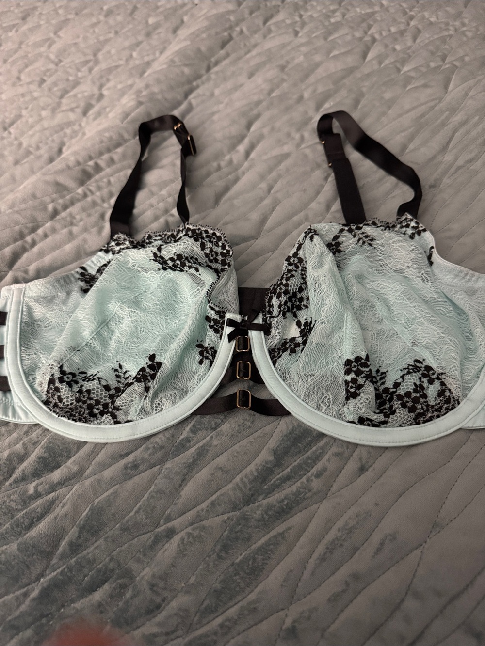 Cacique Mint Lace Underwire Bra with Black Floral Lace with buckle Accents!